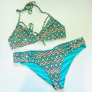 BEACH BUNNY Aqua Turquoise White Tribal Print Reversible Strappy Cutout Bikini L